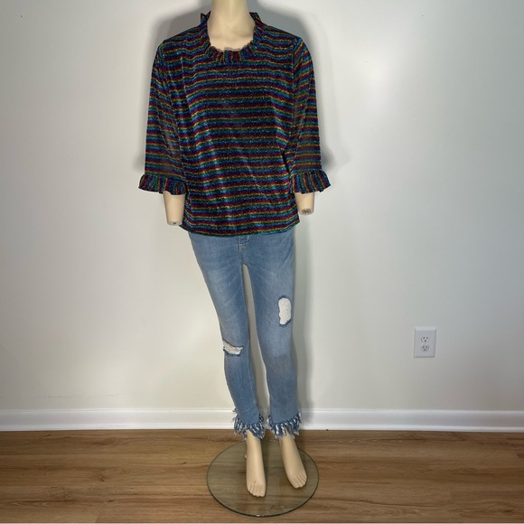 The Tiny Tassel Rainbow Shimmer Striped Ruffle Sleeve and Collar Top Size XL - Picture 4 of 9